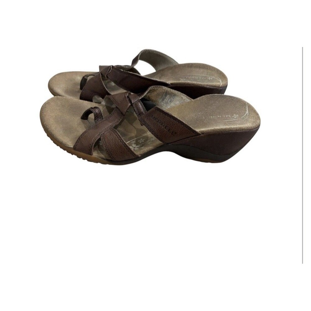 MERRELL Women's Sundial Cross Antique Brass Wedge Sandals Sz 7 Leather Thong